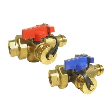 Red and blue isolation ball valves with brass bodies and threaded/press connections.