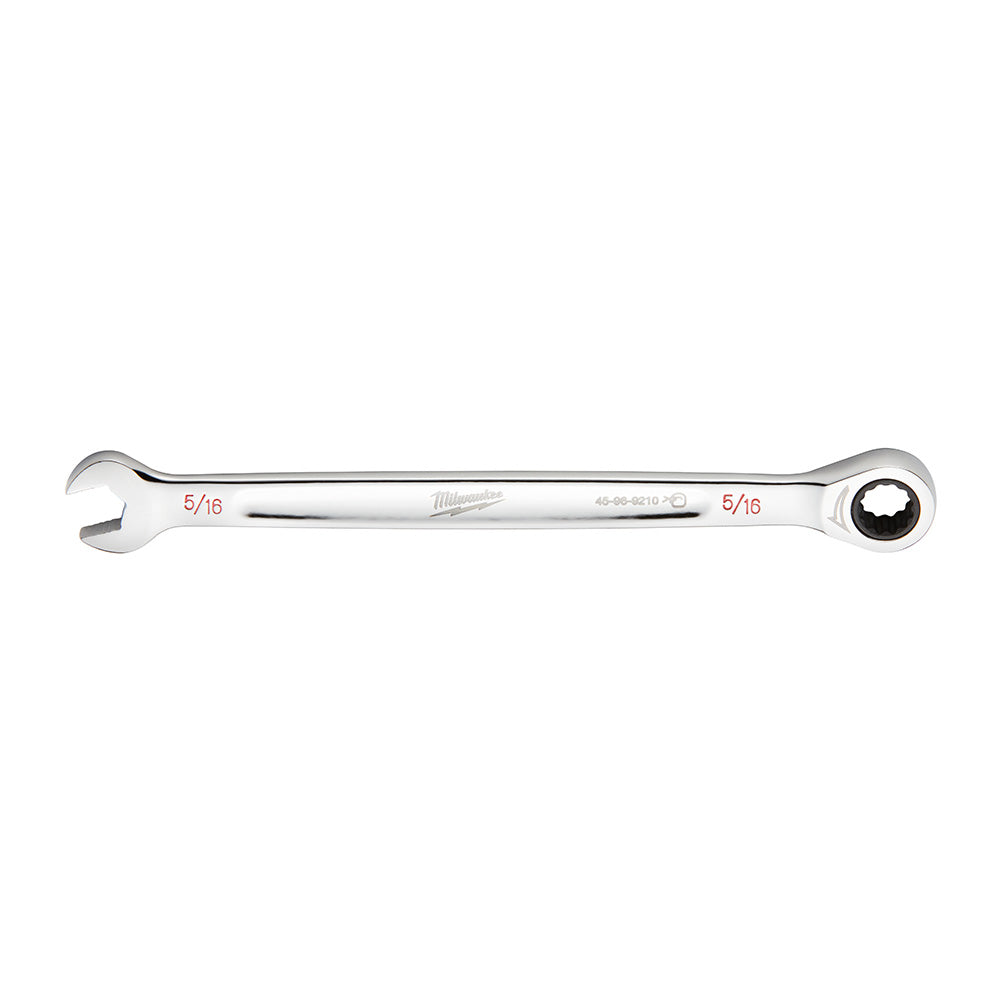 Silver ratcheting combination wrench with 5/16 inch open and closed ends, model number on shaft.