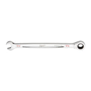 Silver ratcheting combination wrench with 5/16 inch open and closed ends, model number on shaft.
