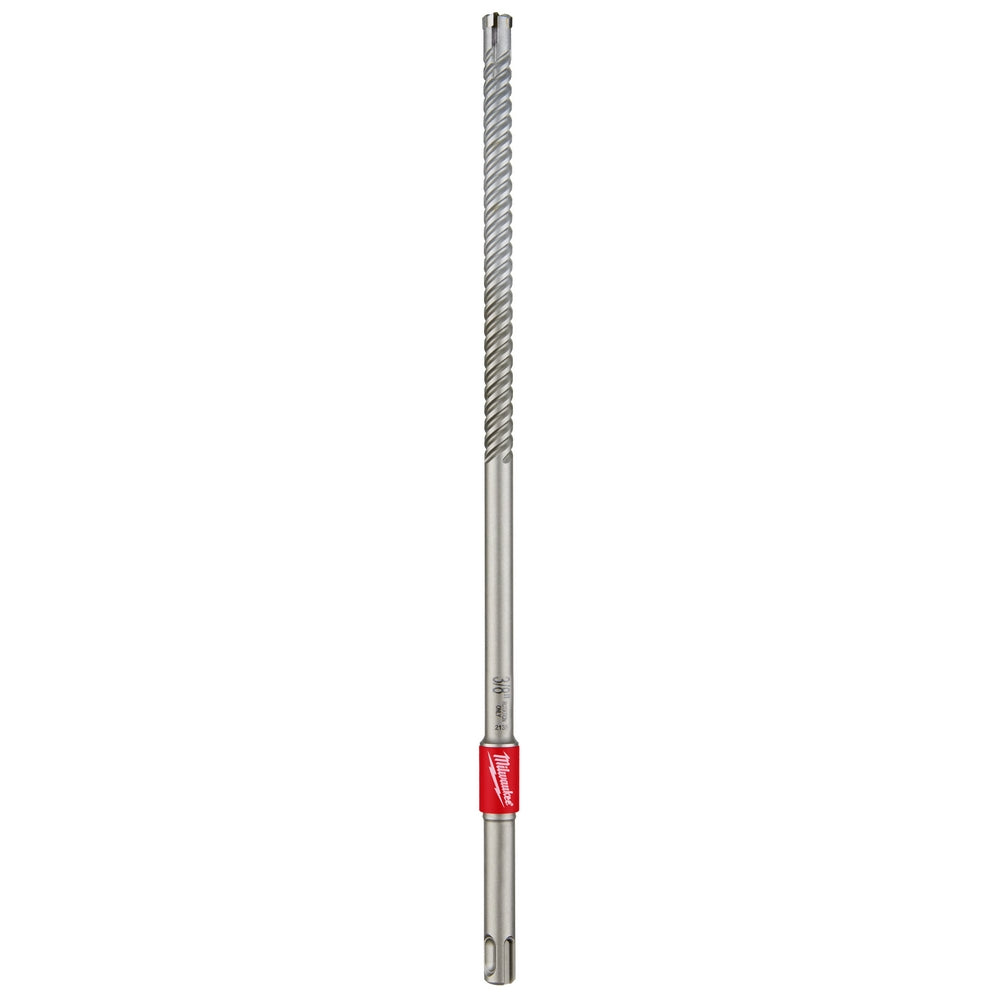Long silver metal SDS Plus rebar cutter bit with spiral flutes and red band near the base.