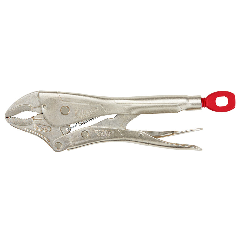 Silver curved jaw locking pliers with red handle grip and adjustment screw on lower jaw.
