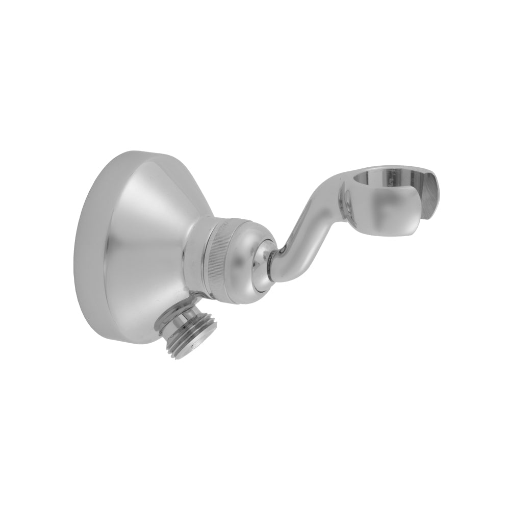 Polished nickel water supply elbow with curved arm and fork-style handshower holder bracket.