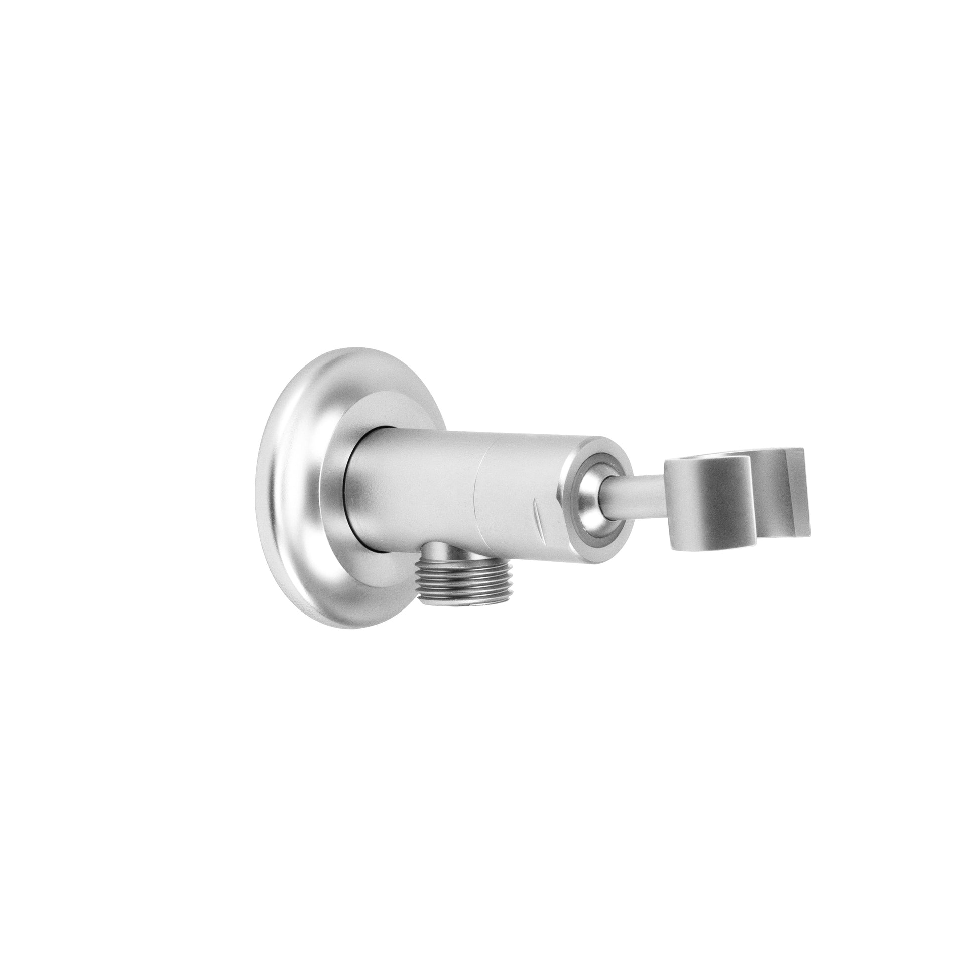 Satin nickel elbow with circular wall flange, threaded connection, and rectangular handshower holder bracket.