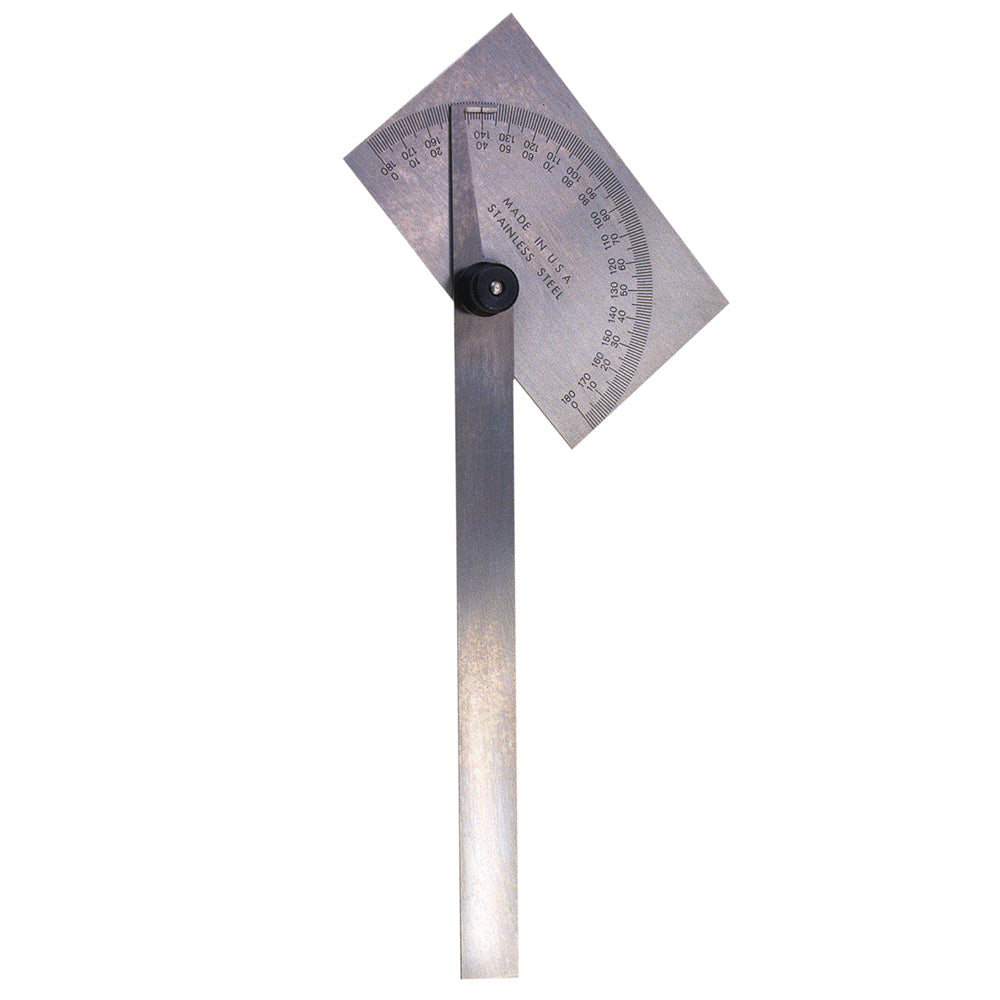 Stainless steel protractor with adjustable arm and degree scale markings, pivot point with black knob.