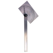 Stainless steel protractor with adjustable arm and degree scale markings, pivot point with black knob.