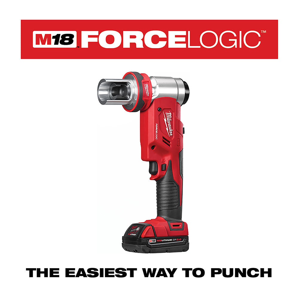 Milwaukee M18 FORCE LOGIC red and black cordless knockout tool with battery and punch head attachment.
