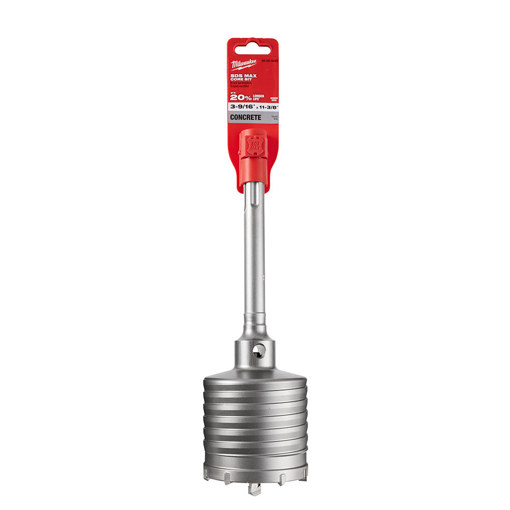 Milwaukee SDS-Max core drill bit with red shank and metal cylindrical cutting head for concrete.