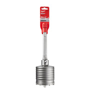 Milwaukee SDS-Max core drill bit with red shank and metal cylindrical cutting head for concrete.