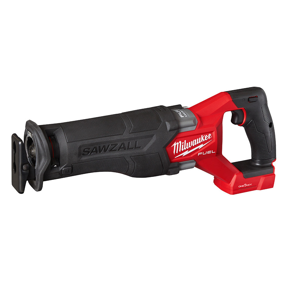 Milwaukee M18 FUEL reciprocating saw with red and black housing, black grip handle, and circular blade guard on left side.