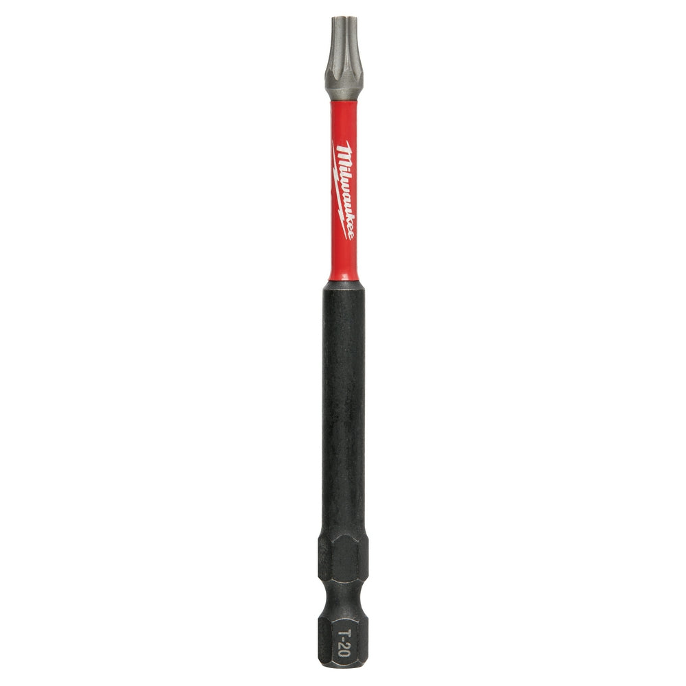 Milwaukee Shockwave T20 impact bit with red and black shaft, 3-1/2 inches long.