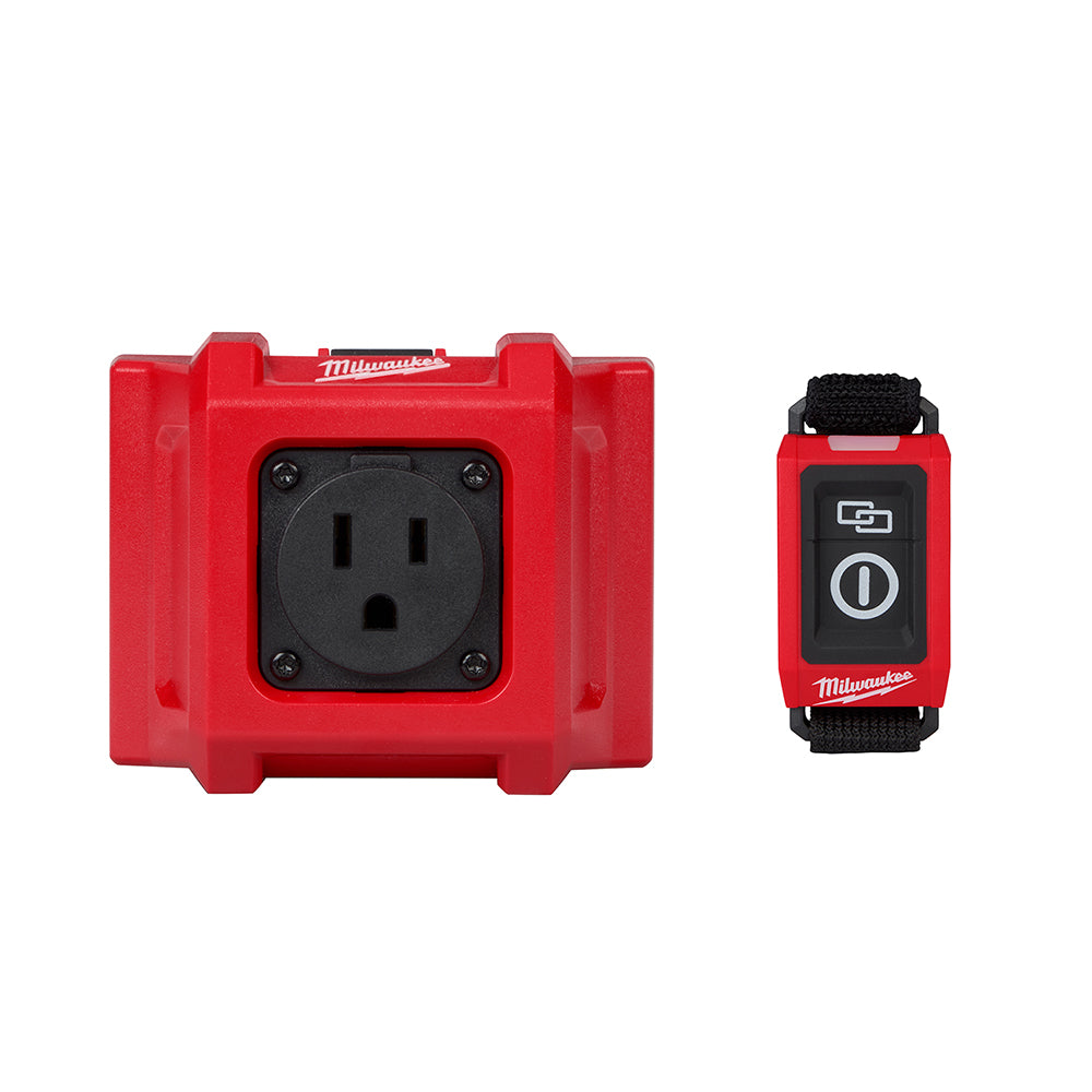 Red dust control adapter with black electrical outlet and matching wireless remote control with black strap.