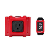 Red dust control adapter with black electrical outlet and matching wireless remote control with black strap.