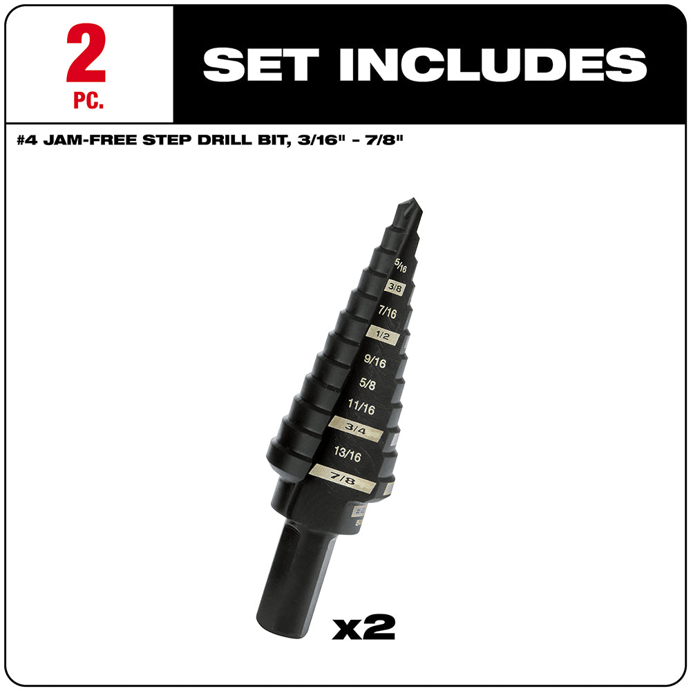 Two black step drill bits with labeled increments from 3/16" to 7/8" displayed against white background.