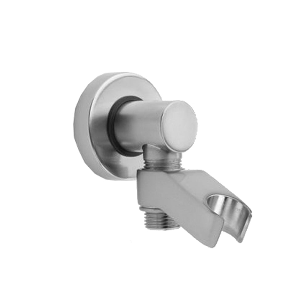 Polished brass water supply elbow with cylindrical knob and angled handshower holder bracket mounted on round escutcheon.