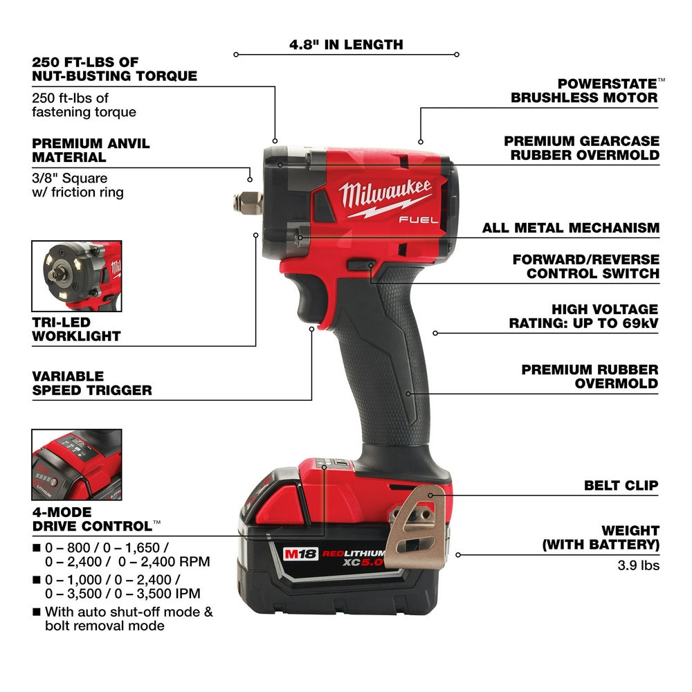 Red and black Milwaukee M18 FUEL 3/8" compact impact wrench with friction ring, battery, and tri-LED worklight.