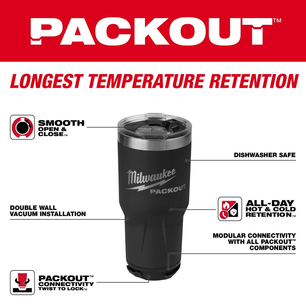 Black Milwaukee PACKOUT 30oz tumbler with stainless steel band, clear lid, and labeled features including double-wall vacuum 