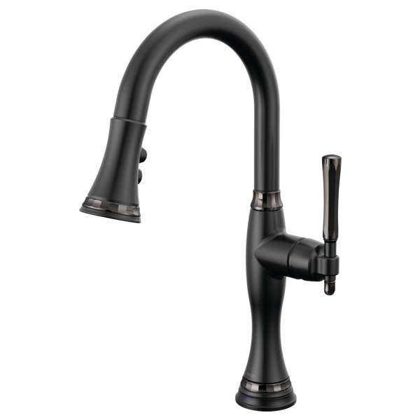 Black pull-down kitchen faucet with curved spout, single lever handle, and spray head extended.