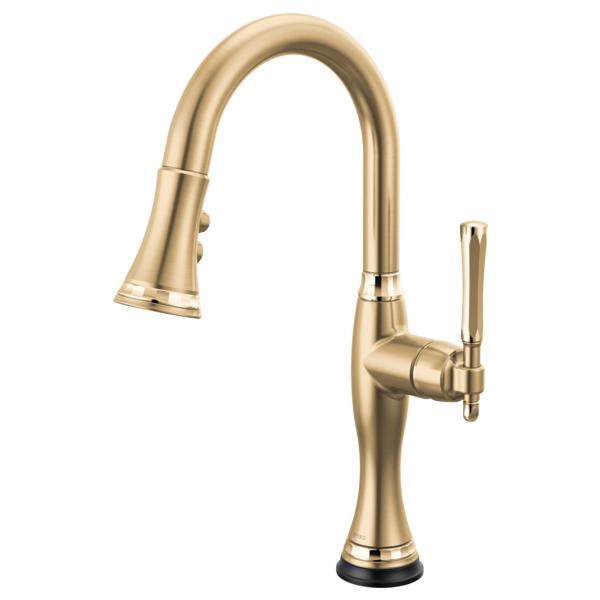 Gold pull-down kitchen faucet with curved spout, single lever handle, and black base on white background.