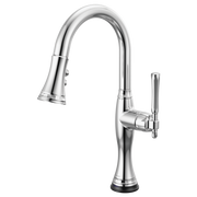 Chrome pull-down kitchen faucet with curved spout, single lever handle, and black base.