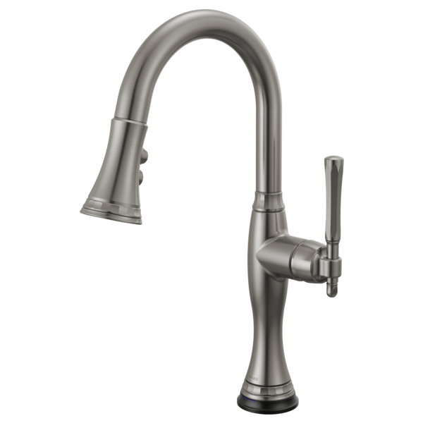 Stainless steel pull-down kitchen faucet with high arched spout, single lever handle, and black base ring.