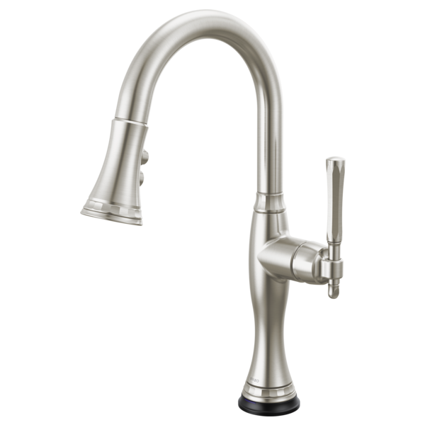 Stainless steel pull-down kitchen faucet with curved spout, single handle lever, and black base on white background.