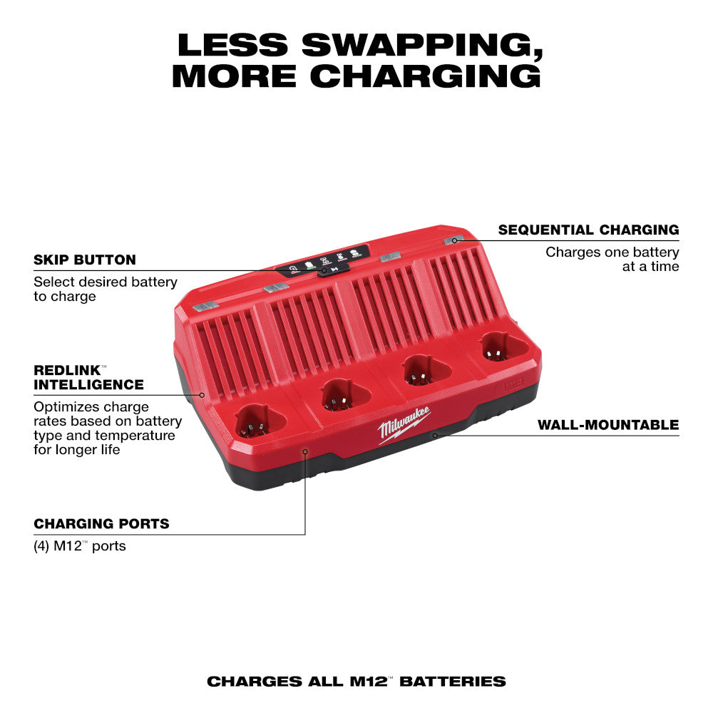 Red Milwaukee M12 sequential charger with four battery ports, skip button, and wall-mount capability.