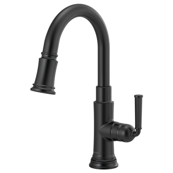 Matte black pull-down kitchen faucet with curved spout and single side lever handle.