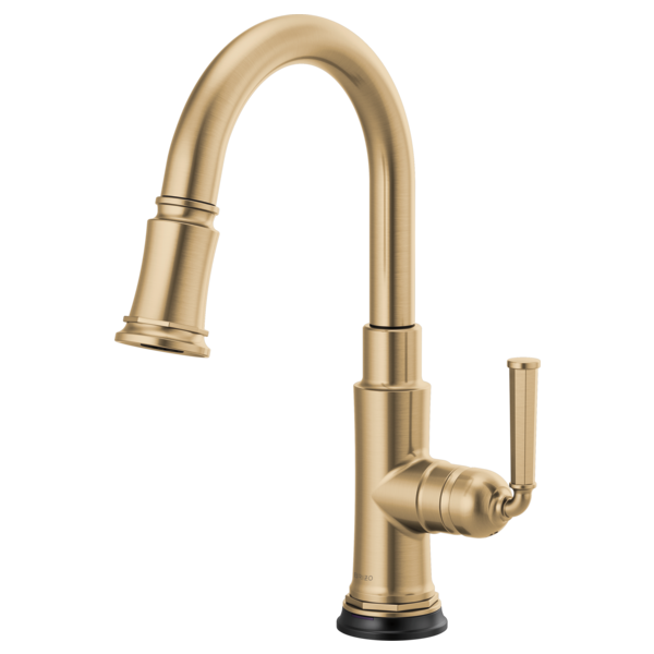 Champagne bronze pull-down kitchen faucet with curved spout and single lever handle.