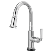 Chrome pull-down kitchen faucet with curved spout, single handle lever, and black base.