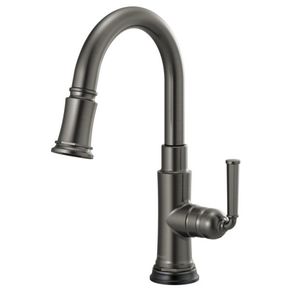 Dark gray pull-down kitchen faucet with high curved spout and single side lever handle.
