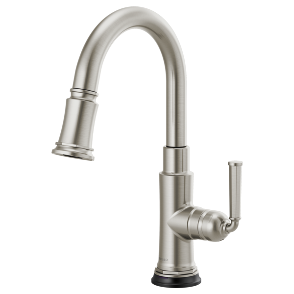 Stainless steel pull-down kitchen faucet with curved spout, single lever handle, and black base ring.