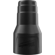 Black plastic Milwaukee vacuum power tool adapter with tapered cylindrical design and threaded connection ports.