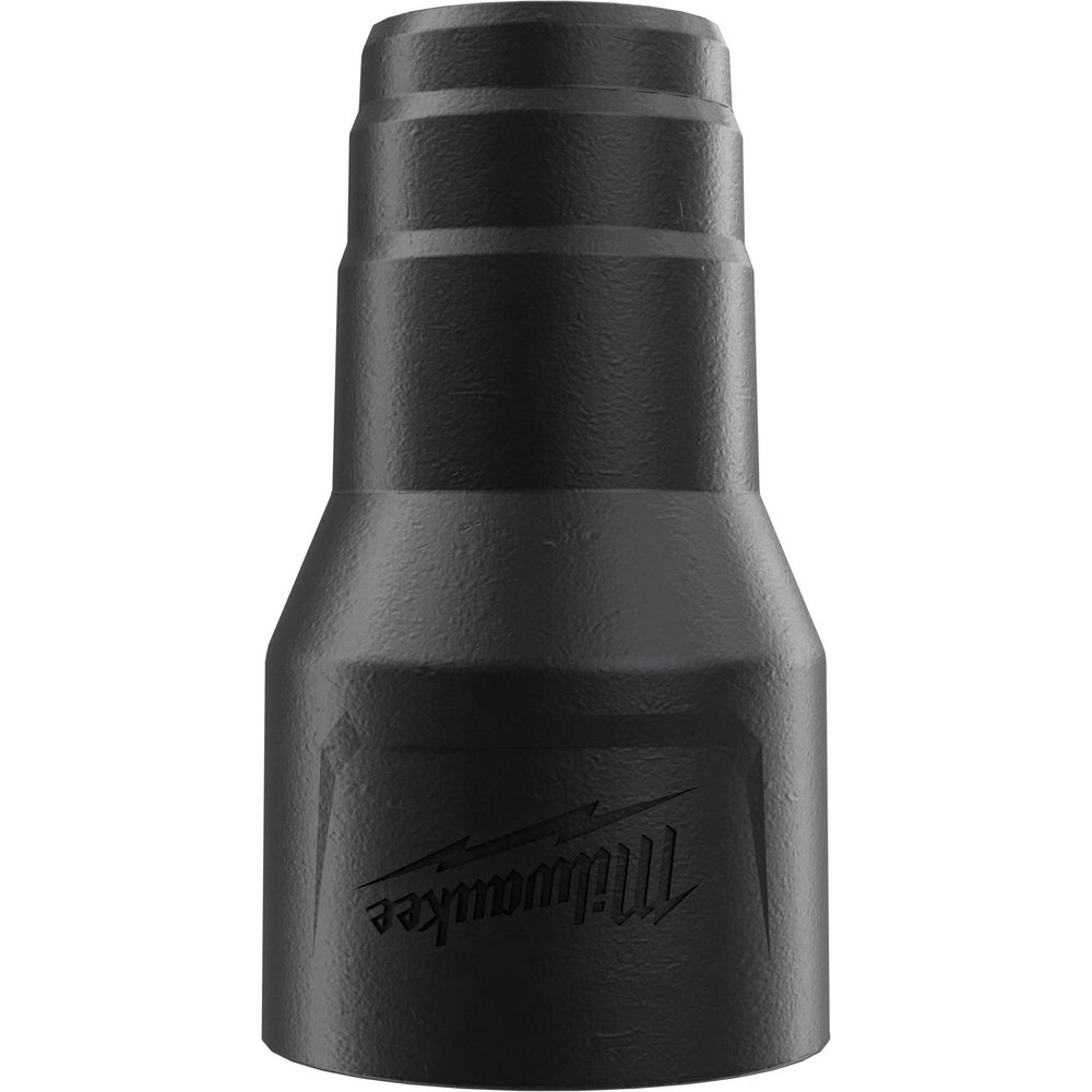 Black plastic Milwaukee vacuum power tool adapter with tapered cylindrical design and threaded connection ports.
