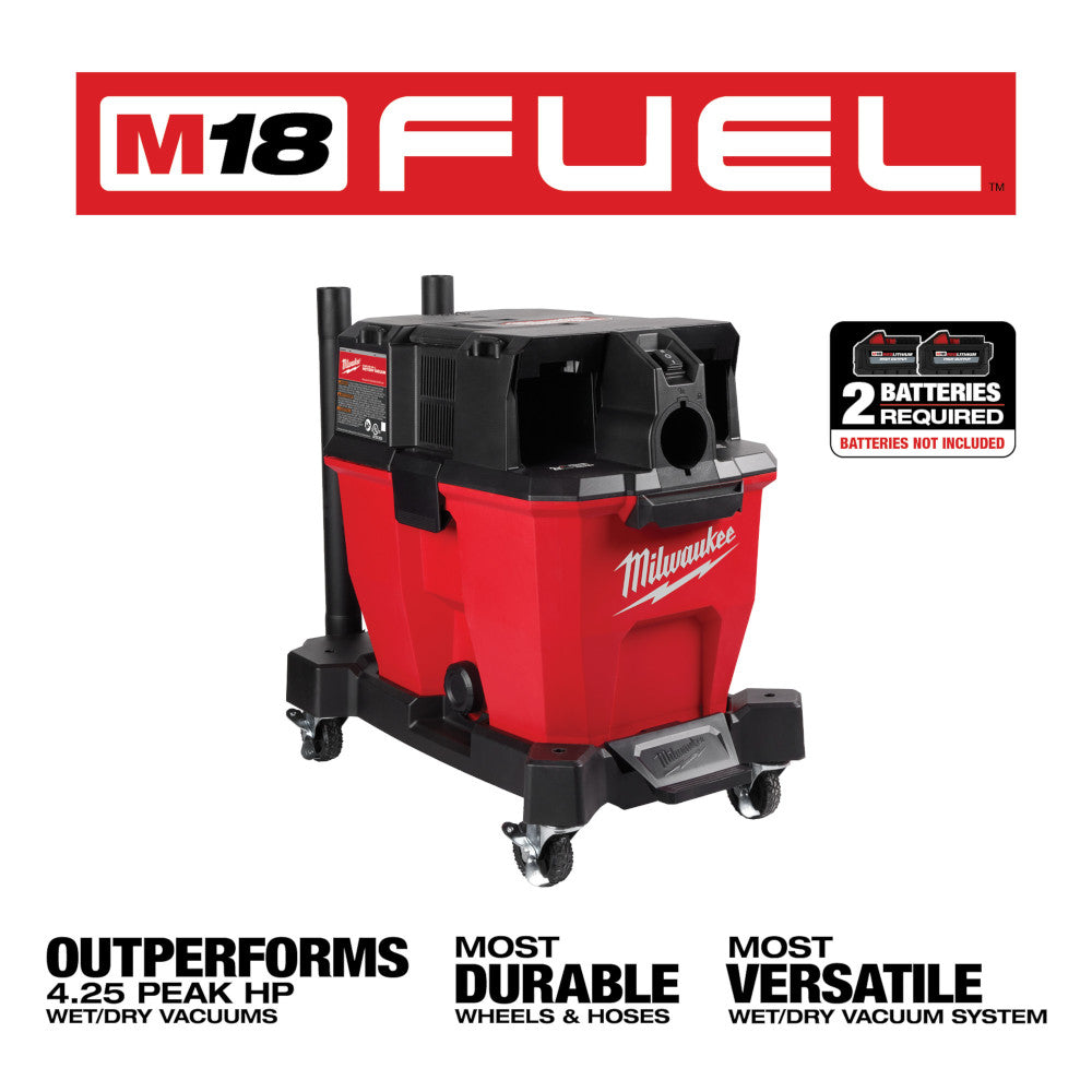 Red and black Milwaukee M18 FUEL wet/dry vacuum with dual-battery compartment and wheeled base.