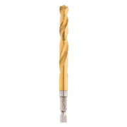 Gold-colored titanium twist drill bit with hexagonal shank and fluted design.