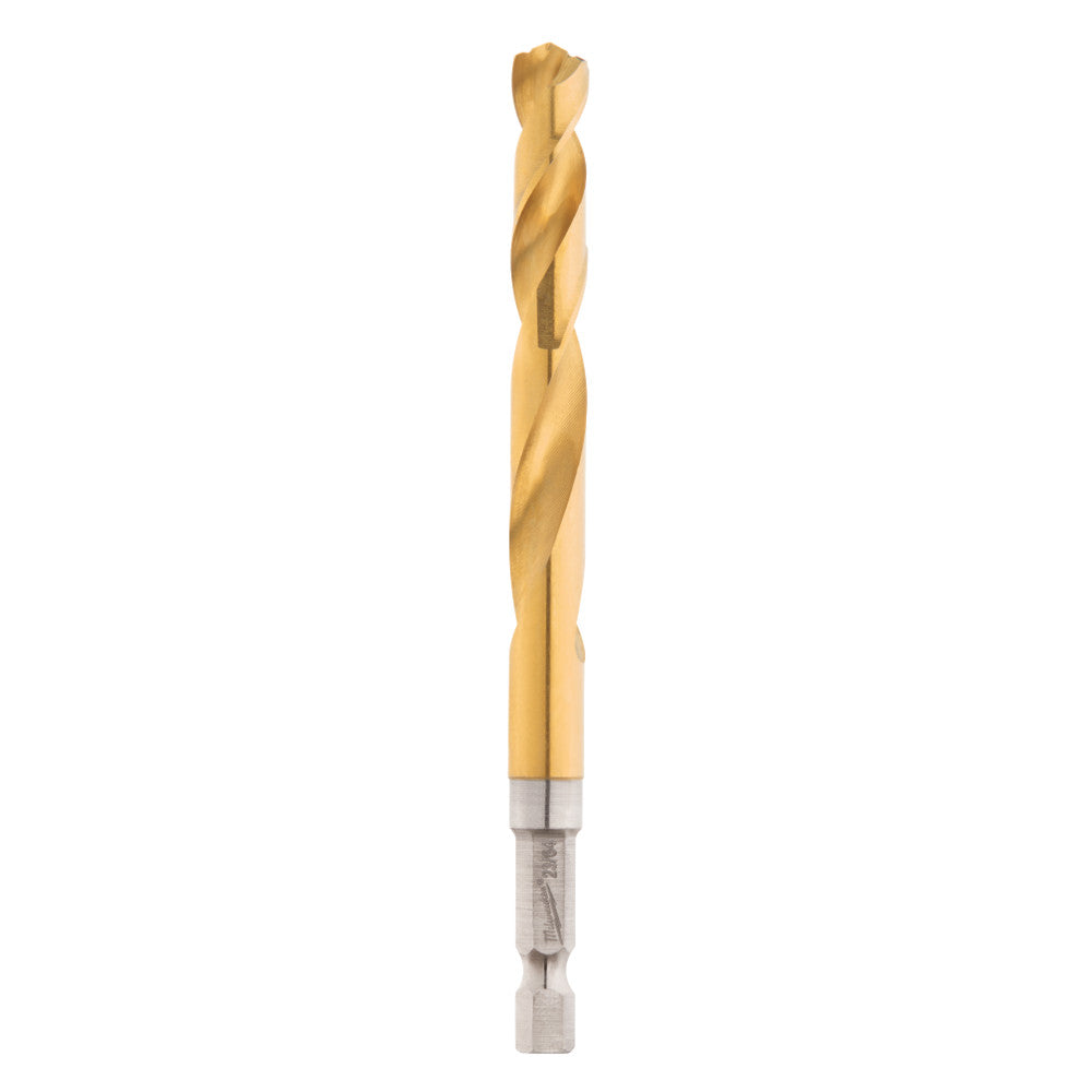 Gold-colored titanium twist drill bit with hexagonal shank and fluted design.