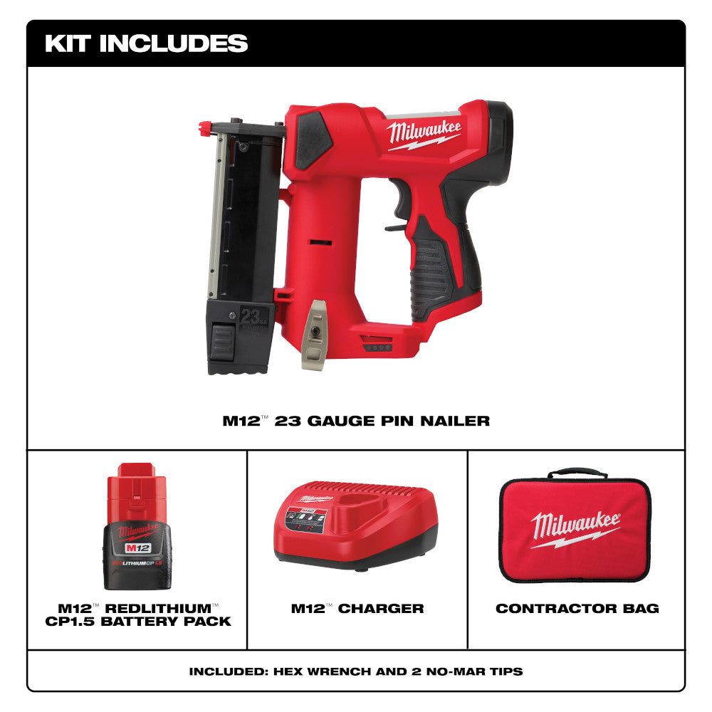 Milwaukee M12 23 gauge pin nailer with red and black body, battery pack, charger, and carrying bag.