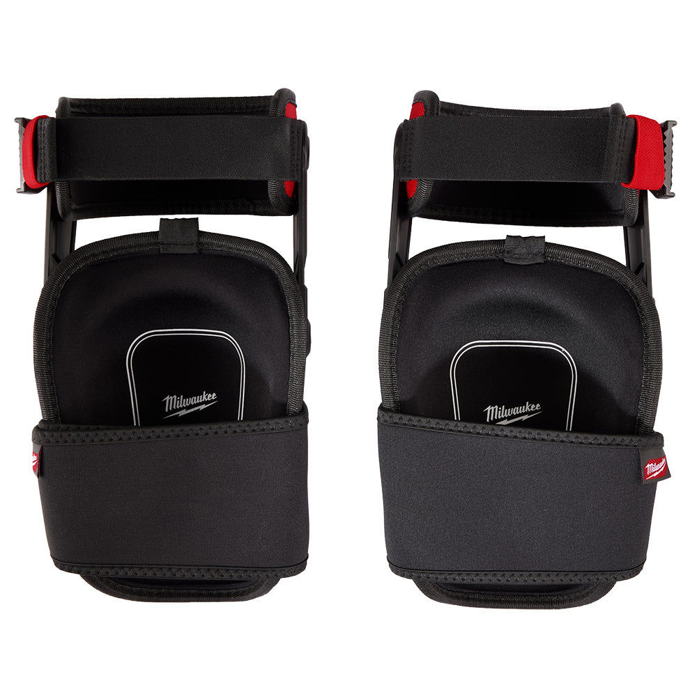 Black knee pads with padded cups, red side straps, and Milwaukee branding shown front and back views.