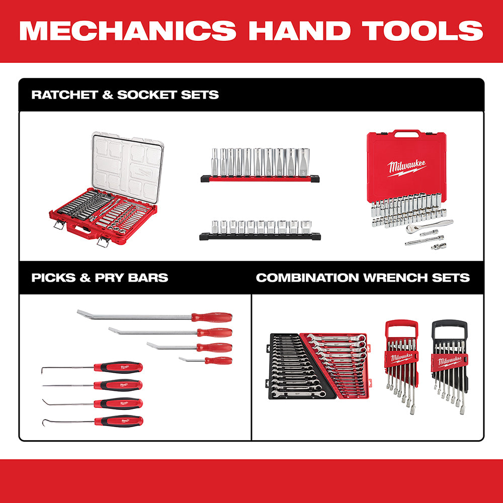 Milwaukee 1/4 in. drive metric ratchet and socket set with red carrying case containing sockets and accessories.