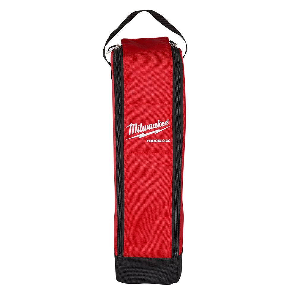 Red and black Milwaukee utility bag with black shoulder strap and zippered sides.