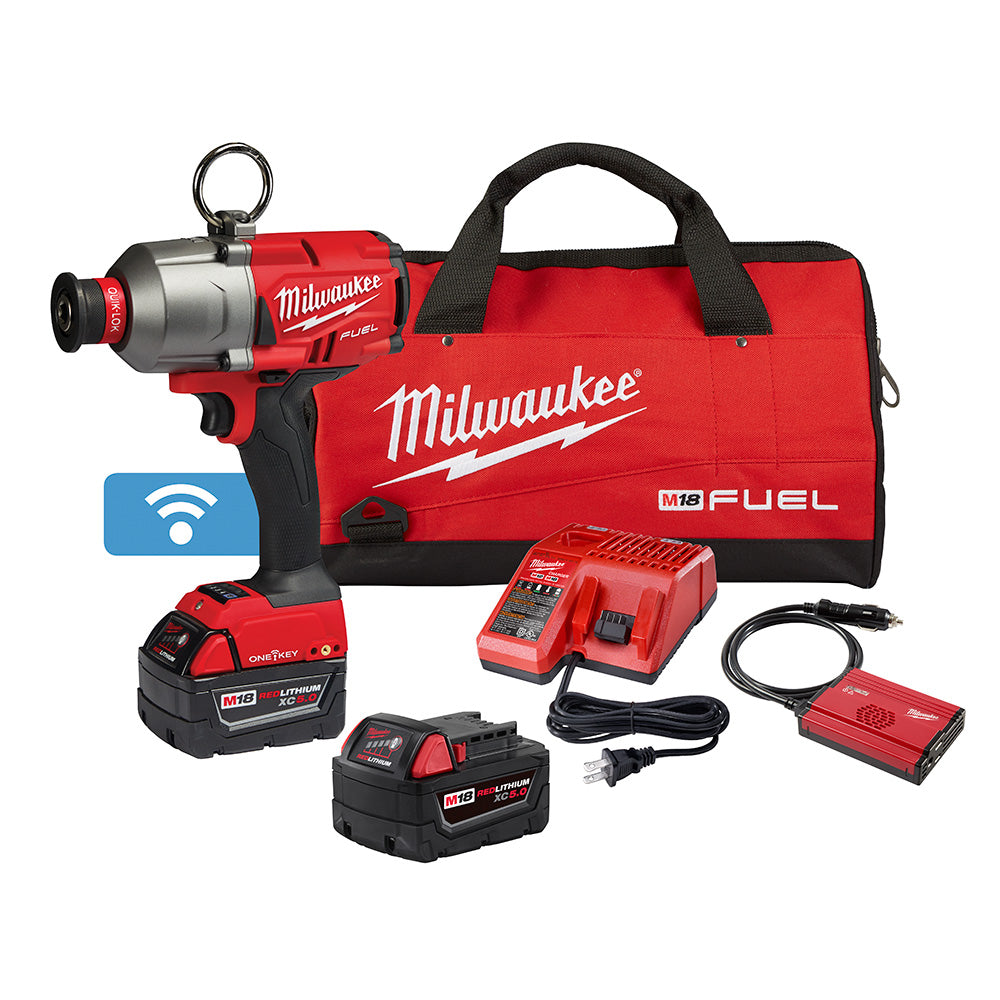Milwaukee M18 FUEL hex utility impact wrench kit with two batteries, charger, carrying bag, and ONE-KEY wireless module.