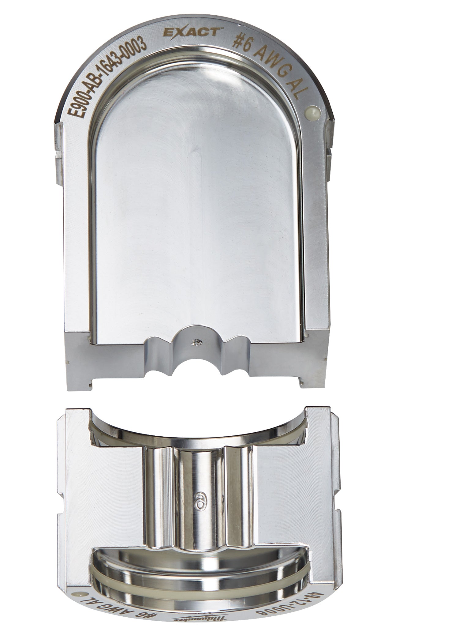 Milwaukee EXACT #6 aluminum U-style die shown from top and bottom views with labeled specifications and curved forming surfac