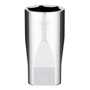 Chrome deep socket with hexagonal opening and Milwaukee branding on polished steel surface.