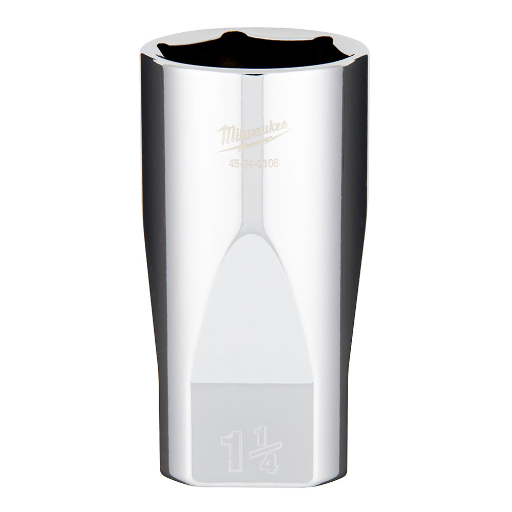 Chrome deep socket with hexagonal opening and Milwaukee branding on polished steel surface.