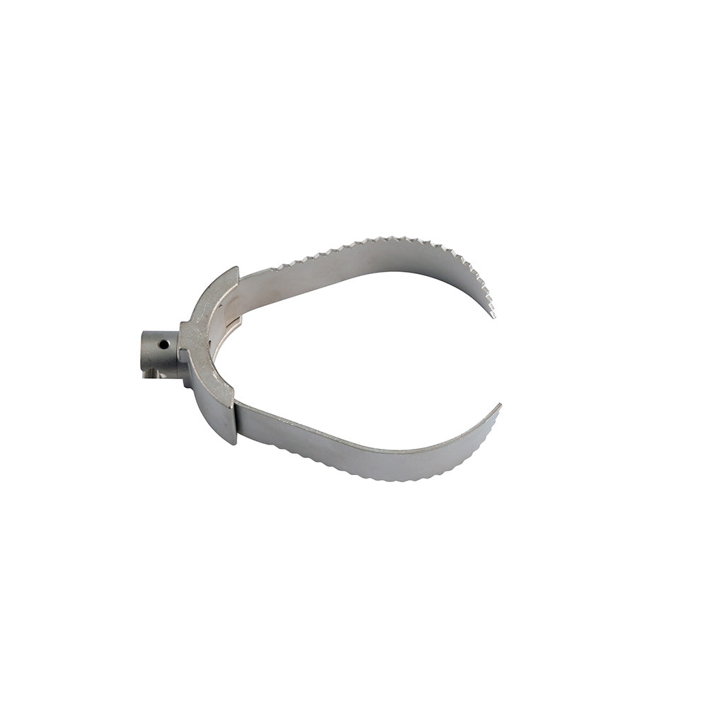 Metal root cutter with serrated curved blades and mounting attachment for sectional drain cleaning cable.