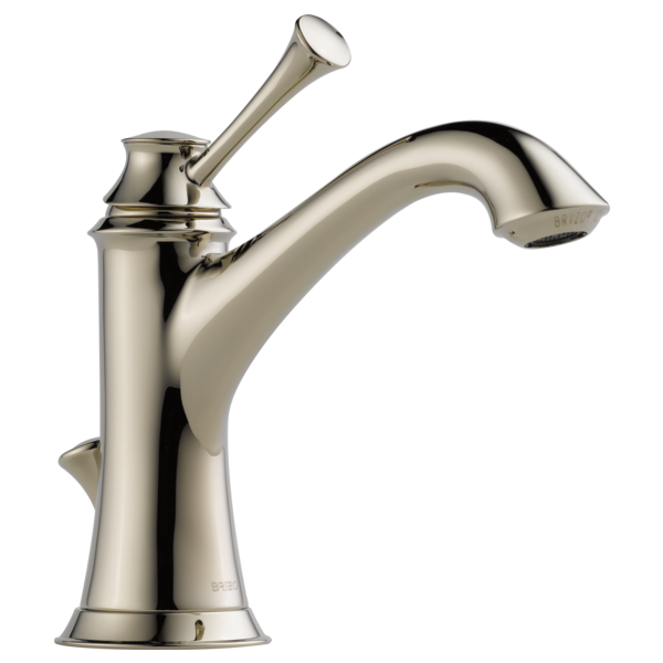 Brushed nickel single-handle bathroom faucet with curved spout and lever handle on pedestal base.
