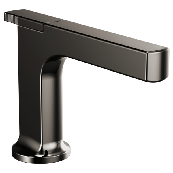 Black single-handle bathroom faucet with angular spout and cylindrical base.