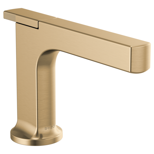 Brushed gold single-handle lavatory faucet with curved spout and rectangular handle on circular base.