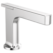 Chrome single-handle lavatory faucet with curved spout and rectangular base featuring minimalist design.