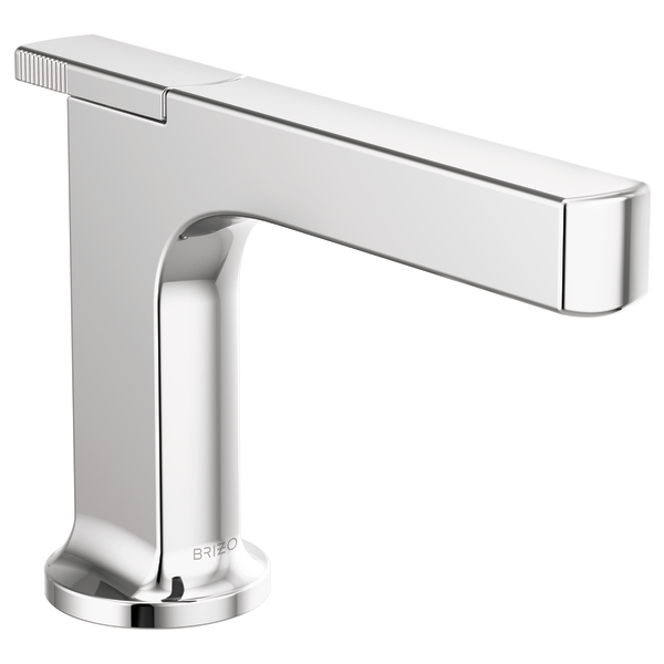 Chrome single-handle lavatory faucet with curved spout and rectangular base featuring minimalist design.